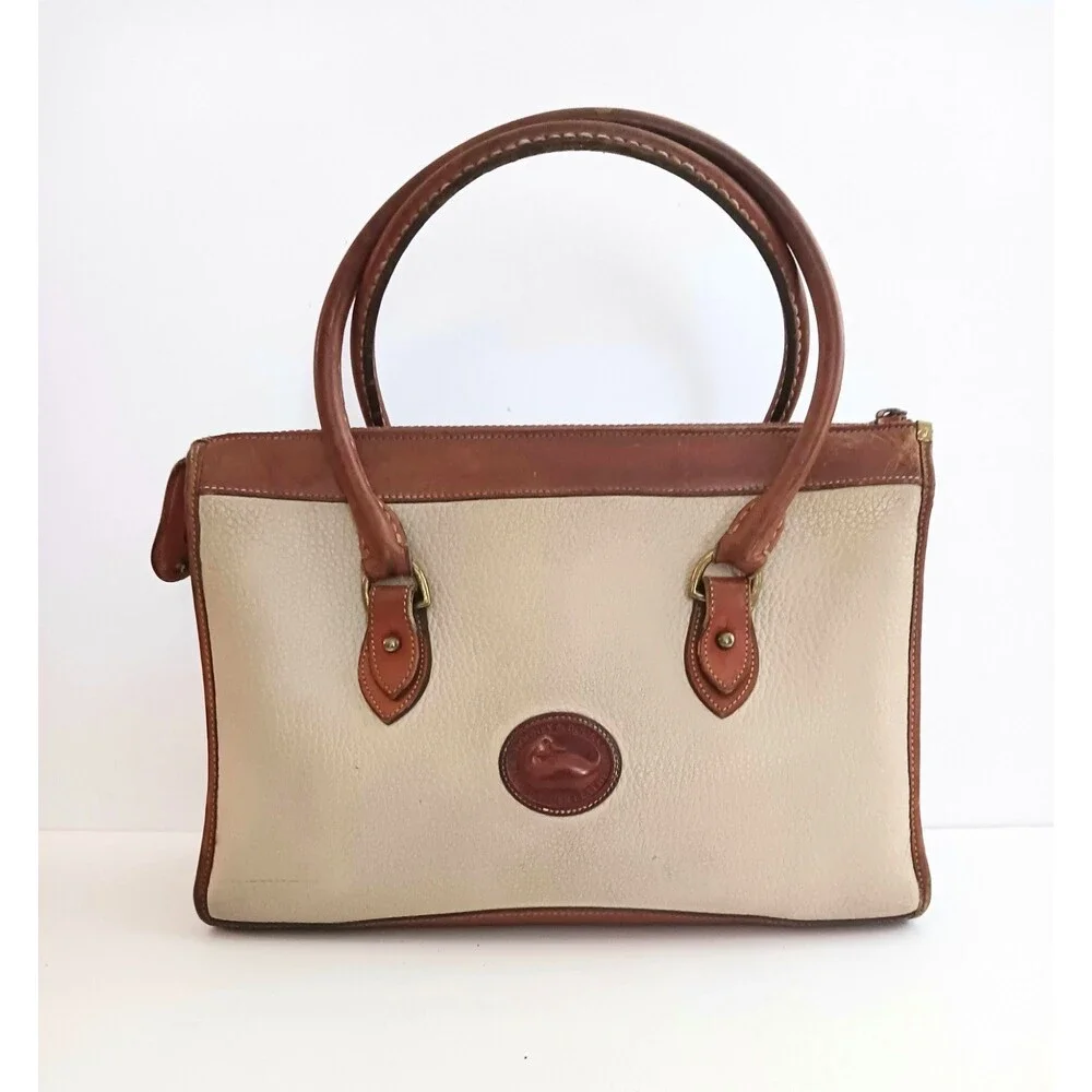 VTG Dooney & Bourke Satchel Tan All Weather Pebbled Leather Brown Leather Trim